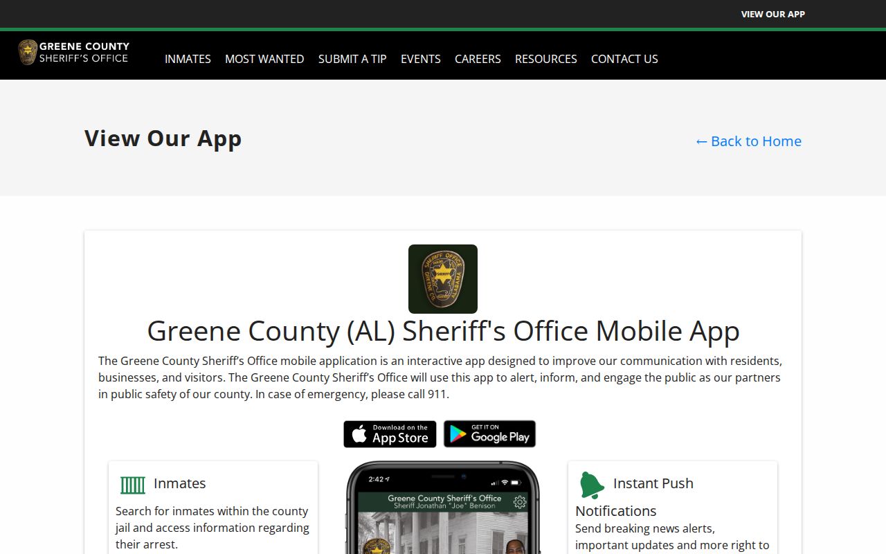 Greene County inmate search sheriff app page